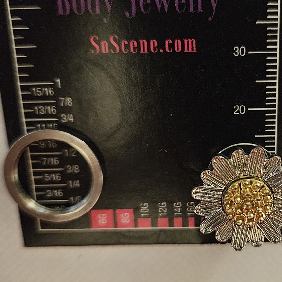 Gold and Silver Flower Plug Earrings - Picture 2 of 4